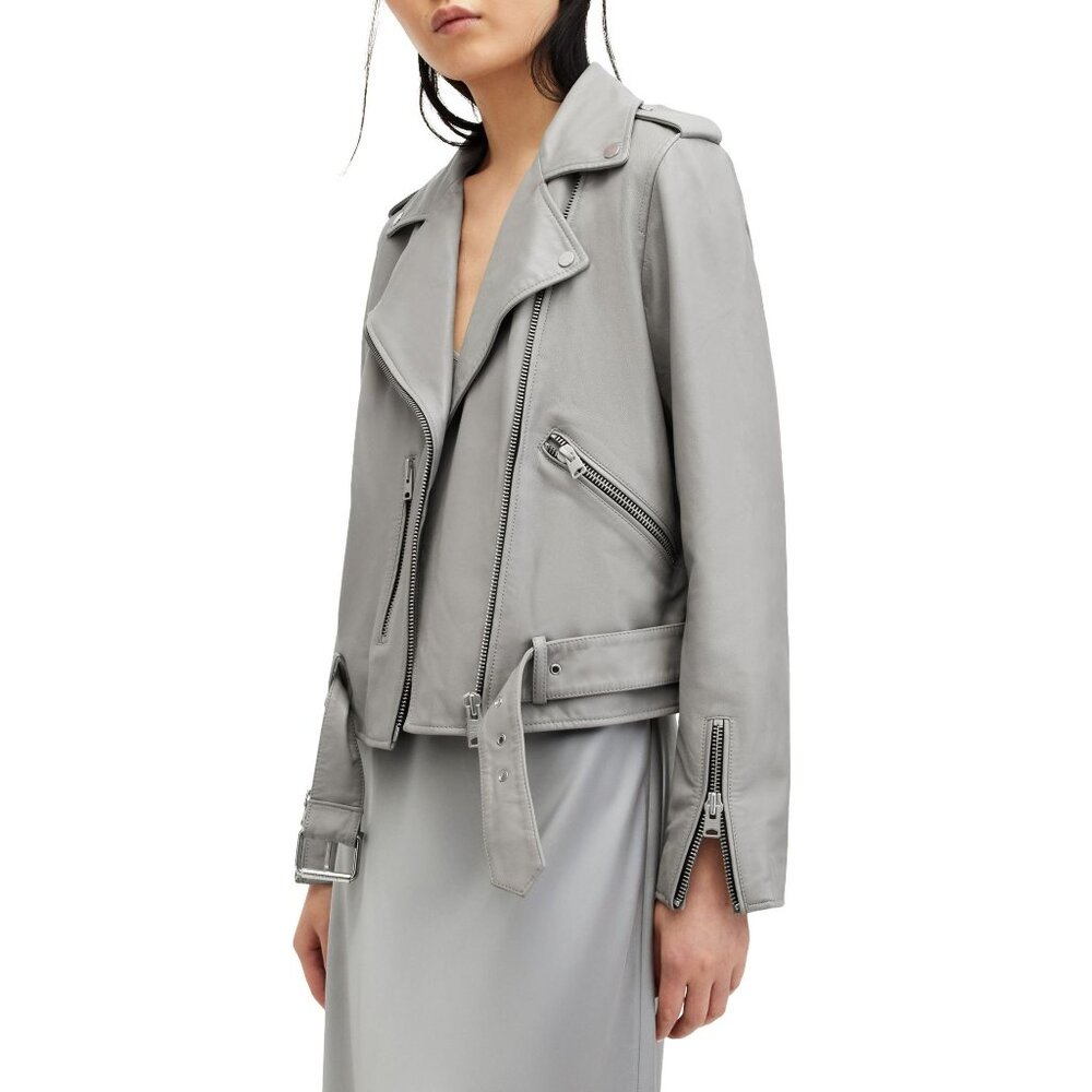 🆕 ALL SAINTS Balfern Soft Leather Zip Biker Jacket Light Gray 2 - Picture 2 of 15
